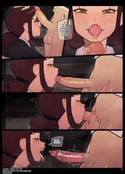 Rule 34 | 1boy, 1girl, absurdres, artist name, bracket, brown hair, commentary, condom, condom in mouth, condom on penis, english commentary, english text, erica lovjoi (zamoshvik), hair tie, highres, long hair, looking at penis, looking down, mouth hold, open mouth, original, pants, penis, penis on face, pov, precum, saliva, saliva trail, shirt, testicles, tongue, tongue out, translation request, twintails, unworn pants, yellow eyes, zamoshvik