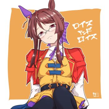 Rule 34 | 1girl, animal ears, belt, black belt, black pantyhose, blush, bow, braid, breasts, brown hair, closed mouth, collared shirt, commentary request, corset, ear covers, glasses, green-framed eyewear, highres, horse ears, horse girl, jacket, long hair, long sleeves, looking at viewer, medium breasts, over-rim eyewear, panch4989new, pantyhose, purple bow, purple ribbon, ribbon, royce and royce (inspiring genius) (umamusume), royce and royce (umamusume), semi-rimless eyewear, shirt, single ear cover, skirt, smile, solo, umamusume, vest, white shirt, yellow corset, yellow vest