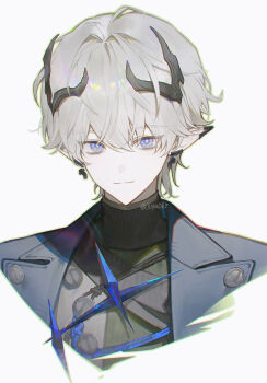 1boy ardashir_(arknights) arknights arknights:_endfield black_horns black_shirt blue_jacket commentary cropped_shoulders ear_covers earrings grey_hair hair_behind_ear highres horns jacket jewelry juya067 lapels male_focus notched_lapels parted_hair piercing pointy_ears shirt short_hair single_ear_cover solo symbol-only_commentary turtleneck