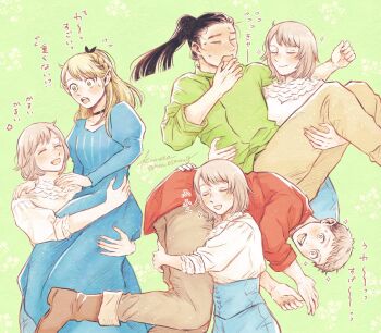 2boys 2girls :d blonde_hair blue_dress blush boots brown_boots brown_pants carrying carrying_over_shoulder closed_eyes closed_mouth dress dungeon_meshi falin_touden falin_touden_(tallman) fang full-face_blush green_background green_shirt highres juliet_sleeves laios_touden long_sleeves marcille_donato moku12moku06 multiple_boys multiple_girls open_mouth pants princess_carry puffy_sleeves red_shirt shirt shurou smile strong surprised