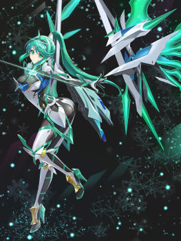 Rule 34 | 1girl, armor, armored bodysuit, ass, boots, breasts, chest jewel, chiga akira, cleavage, commentary request, core crystal (xenoblade), gem, gloves, greek text, green eyes, green hair, headpiece, high heel boots, high heels, high ponytail, highres, large breasts, long hair, looking at viewer, pneuma (xenoblade), ponytail, smile, solo, swept bangs, tiara, very long hair, xenoblade chronicles (series), xenoblade chronicles 2