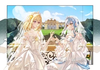 2girls absurdres artist_request bang_dream! bang_dream!_it&#039;s_mygo!!!!! blonde_hair blue_hair blush breasts bridal_veil chinese_commentary commentary_request commission detached_sleeves dress elbow_gloves gloves hair_between_eyes highres long_hair medium_breasts medium_hair misumi_uika multiple_girls open_mouth purple_eyes second-party_source short_hair_with_long_locks togawa_sakiko veil wedding_dress white_dress white_gloves white_wrist_cuffs wife_and_wife wrist_cuffs yellow_eyes yuri
