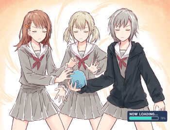 Rule 34 | 3girls, azusawa kohane, black jacket, blonde hair, brown hair, closed mouth, commentary, cowboy shot, grey hair, grey serafuku, grey shirt, grey skirt, hanasato minori, highres, hinomori shiho, holding, hood, hooded jacket, jacket, legs apart, loading screen, long sleeves, medium hair, miniskirt, miyamasuzaka girls' academy school uniform, multiple girls, neckerchief, open clothes, open jacket, partially unzipped, pleated skirt, project sekai, red neckerchief, sailor collar, school uniform, serafuku, shirt, short hair, skirt, standing, white sailor collar, yellow background, yukitake (bullfalk)