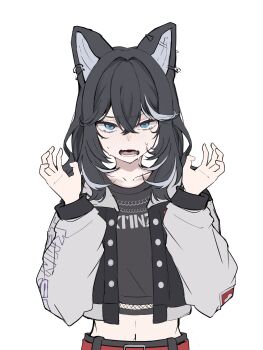 1girl absurdres animal_ear_piercing animal_ears black_hair black_jacket black_shirt blue_eyes commentary_request crossed_bangs crying crying_with_eyes_open dog_ears dog_girl double-parted_bangs grey_streaks hair_between_eyes hands_up highres jacket kmnz long_sleeves looking_at_viewer medium_hair midriff multicolored_hair navel nero_(kmnz) no_name_ver1 open_clothes open_jacket open_mouth shirt simple_background solo streaked_hair tears upper_body virtual_youtuber white_background