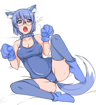 Rule 34 | 1girl, 2k-tan, animal ears, ankle boots, bare shoulders, blue boots, blue collar, blue eyes, blue gloves, blue hair, blue one-piece swimsuit, blue thighhighs, blush, boots, breasts, cleavage, collar, collarbone, dog ears, dog tail, eyelashes, full body, furrowed brow, glasses, gloves, hair between eyes, hands up, looking at viewer, lying, medium breasts, nose blush, on back, one-piece swimsuit, open mouth, os-tan, pink lips, ruriwo (ruriwo1894), school uniform, solo, swimsuit, tail, teeth, thighhighs, thighs, upper teeth only