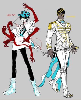 2boys ankle_socks black_hair black_pants blue_eyes blue_hat newsboy_cap character_name collared_jacket collared_shirt colored_sclera colored_skin commentary_request crazy_eyes dark-skinned_male dark_skin epaulettes extra_arms facepaint full_body grey_background grin hat high_collar highres holding holding_baton holding_string holding_wand jacket korean_commentary long_sleeves looking_at_viewer male_focus marking_on_cheek multicolored_skin multiple_boys original pants pigeon666 puffy_male_chest red_skin ribbon-trimmed_pants sandals sharp_teeth shirt shoes short_hair short_sleeves simple_background smile sneakers socks spiked_footwear standing stitched_arm stitched_neck stitches string string_of_fate striped_clothes striped_socks t-shirt teeth two-tone_skin v-shaped_eyebrows vertical-striped_clothes vertical-striped_socks wand white_footwear white_jacket white_pants white_shirt white_sleeves white_socks yellow_eyes yellow_sclera