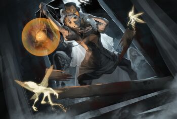 Rule 34 | 3girls, absurdres, arm up, black dress, black hat, black sky, braces, brown eyes, brown hair, chacha (chachachaqqq), chain, creature, door, dress, dutch angle, fairy, hands up, hat, highres, holding, holding lantern, jack-o'-lantern, juliet sleeves, lantern, long dress, long hair, long sleeves, looking at viewer, mask on hat, multiple girls, night, night sky, official alternate costume, puffy sleeves, reverse:1999, sky, solo, solo focus, tooth fairy (reverse:1999), top hat, upper body, veil, white sleeves, white veil