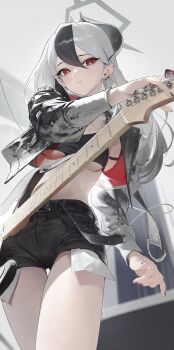 1girl absurdres alternate_costume belt black_hair black_horns black_jacket black_shorts blue_archive breasts closed_mouth commentary cowboy_shot cropped_jacket demon_horns ear_piercing grey_halo guitar guitar_strap hair_between_eyes halo highres holding holding_guitar holding_instrument horns indoors instrument jacket kayoko_(blue_archive) long_hair looking_at_viewer modare multicolored_hair open_clothes open_jacket piercing red_eyes red_jacket shorts small_breasts solo two-tone_hair underboob white_hair