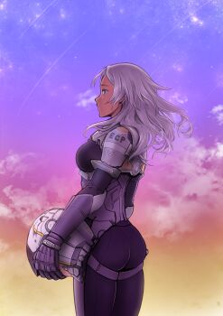 1girl ass black_bodysuit blue_eyes bodysuit breasts commentary_request cowboy_shot elma_(xenoblade_x) from_side helmet highres holding holding_unworn_helmet long_hair looking_afar medium_breasts official_alternate_costume outdoors sky solo takano_(yotakanoyume) unworn_headwear unworn_helmet white_hair xenoblade_chronicles_(series) xenoblade_chronicles_x