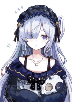 1girl bow closed_mouth commentary_request crescent crescent_necklace ebizou_(ebizou00) gothic_lolita grey_hair hair_over_one_eye hairband highres jewelry lolita_fashion lolita_hairband long_hair long_sleeves looking_at_viewer mahou_shoujo_no_majo_saiban natsume_an-an necklace one_side_up polka_dot polka_dot_bow purple_eyes simple_background solo stuffed_animal stuffed_sheep stuffed_toy upper_body white_background