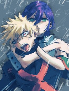 1boy 1girl baku_mbu bakugou_katsuki black_choker black_jumpsuit blonde_hair boku_no_hero_academia chainsaw_man choke_hold choker closed_mouth crossover expressionless green_eyes hair_between_eyes highres jumpsuit lying on_back open_mouth purple_hair rain red_eyes reze_(chainsaw_man) shirt spiked_hair strangling superhero_costume tongue tongue_out white_shirt