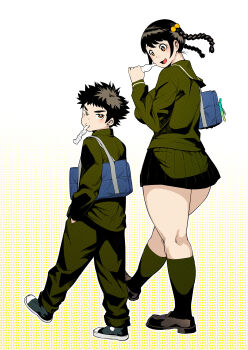Rule 34 | 1boy, 1girl, black hair, braid, breasts, brother and sister, brown eyes, curvy, eyebrows, frown, gakuran, hair bobbles, hair ornament, highres, huge breasts, loafers, long hair, looking back, mouth hold, open mouth, original, school uniform, shoes, short hair, siblings, simple background, skirt, smile, sneakers, synecdoche, thick thighs, thighs, tongue, tupet, twin braids, wide hips