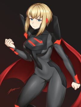 1girl armor black_background black_bodysuit blonde_hair blue_eyes bodysuit breastplate breasts cape clenched_hands closed_mouth commentary dc_comics english_commentary large_breasts looking_at_viewer medium_hair my_adventures_with_superman red_cape shoulder_armor simple_background smile solo standing standing_on_one_leg supergirl superman_(series) zxpfer