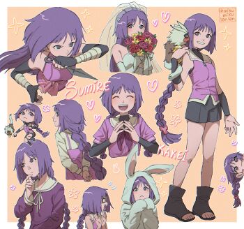 1girl animal animal_costume animal_on_shoulder ariamikukanzaki bare_shoulders black_shorts boots boruto:_naruto_next_generations bouquet braid bridal_veil character_name chibi closed_eyes commentary dress elbow_gloves fingerless_gloves flower gloves highres holding holding_bouquet holding_kunai holding_weapon kakei_sumire kunai long_hair low_twin_braids naruto_(series) nue_(boruto) o_o open-toe_boots purple_dress purple_eyes purple_hair rabbit_costume short_shorts shorts signature single_braid sparkle steepled_fingers strapless strapless_dress twin_braids veil weapon wedding_dress white_gloves