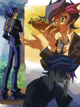 Rule 34 | 1boy, blue eyes, blue hair, blue jacket, blue pants, eating, food, fujiki yusaku, full body, holding, holding food, jacket, multicolored hair, multiple views, pants, purple hair, shirt, short hair, spiked hair, tpgjmww 0359, two-tone hair, upper body, white shirt, yu-gi-oh!, yu-gi-oh! vrains
