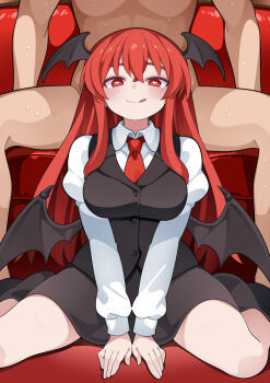 Rule 34 | 1boy, 1girl, :q, bare legs, black skirt, black vest, black wings, blush, clothed female nude male, commentary request, demon girl, demon wings, hammer (sunset beach), head wings, heart, heart-shaped pupils, imminent fellatio, koakuma, long hair, long sleeves, looking at viewer, miniskirt, necktie, nude, red eyes, red hair, red necktie, shirt, sitting, skirt, smile, straight hair, sweat, symbol-shaped pupils, tongue, tongue out, touhou, very long hair, vest, wariza, white shirt, wings