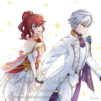 anna_(bridal)_(fire_emblem) anna_(fire_emblem) blue_flower commission couple dress fire_emblem fire_emblem_awakening fire_emblem_heroes flower highres holding_hands male_robin_(fire_emblem) male_robin_(groom)_(fire_emblem) nintendo pants red_eyes red_flower red_hair slyalice wedding_dress white_dress white_hair white_pants yellow_flower