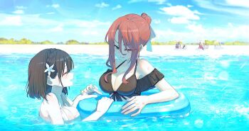 6+girls anisphia_wynn_palettia bikini black_bikini black_hair blue_eyes blue_sky braid breasts character_request chinese_commentary cleavage closed_eyes closed_mouth cloud commentary_request commission crown_braid day euphyllia_magenta flower hair_bun hair_flower hair_ornament highres holding_hands ilia_coral innertube lainie_cyan large_breasts long_hair medium_hair multiple_girls one_eye_closed open_mouth outdoors partially_submerged red_hair second-party_source sky smile swim_ring swimsuit tensei_oujo_to_tensai_reijou_no_mahou_kakumei tilty_claret wet white_bikini white_flower ydpfa yuri