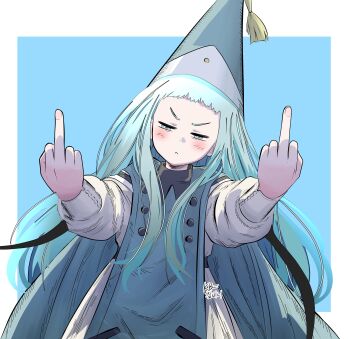 1girl absurdres aqua_hat aqua_robe blue_eyes blue_hair blunt_bangs blush commentary conical_hat double_middle_finger english_commentary forehead frown hair_over_shoulder half-closed_eyes hat hat_tassel highres kimbeanie long_hair long_sleeves looking_at_viewer middle_finger outstretched_arms qifrey's_atelier_apprentice_uniform richeh_(tongari_boushi_no_atelier) robe signature solo tongari_boushi_no_atelier upper_body wizard_hat
