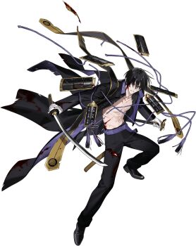 1boy abs armor asymmetrical_dual_wielding atakigiri_(touken_ranbu) belt black_coat black_hair black_scarf black_shirt black_shoes blood blood_on_armor blood_on_clothes blood_on_face blood_on_neck blood_on_stomach bloody_weapon buttons cane coat coattails collar dress_shoes dual_wielding fighting_stance floating_clothes floating_scarf full_body furrowed_brow gloves gold_trim gradient_scarf hair_over_eyes half-closed_eye high_collar highres holding holding_cane holding_sword holding_weapon itefu japanese_armor katana long_coat long_sleeves looking_at_viewer male_focus multicolored_coat no_nipples official_art open_clothes open_coat open_mouth open_shirt pale_skin pants pauldrons print_coat print_scarf purple_belt purple_coat purple_collar purple_eyes purple_rope rope scabbard scarf serious sheath shirt shoes short_hair shoulder_armor sode solo standing stole stomach sword tachi-e tailcoat tassel third-party_source torn_clothes torn_coat torn_pants torn_scarf torn_shirt touken_ranbu transparent_background two-tone_coat uchigatana unsheathed v-shaped_eyebrows weapon white_gloves yellow_scarf