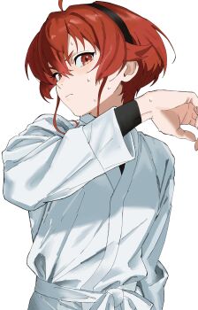 1girl absurdres ahoge belt black_bodysuit black_hairband bodysuit closed_mouth commentary_request dougi eris_greyrat hairband hand_up head_tilt highres looking_at_viewer mushoku_tensei red_eyes red_hair rkgktomato short_hair sidelocks simple_background solo standing sweat white_background white_belt