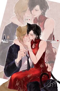 1boy 1girl absurdres ada_wong age_progression animal_ears animal_print arm_around_neck bangle bare_shoulders black_hair black_jacket black_necktie blonde_hair blue_eyes bracelet brown_coat butterfly_print cat_ears china_dress chinese_clothes chinese_commentary closed_mouth coat collared_shirt commentary_request couple dated dog_ears dress earrings english_text eyes_visible_through_hair hand_on_another's_cheek hand_on_another's_face hand_on_another's_hip heart highres jacket jewelry kiss kissing_cheek leon_s._kennedy looking_at_another mofa_shuimu_jiang necktie open_clothes open_jacket police police_uniform policeman print_dress red_dress red_lips resident_evil shirt short_hair signature sitting sitting_on_lap sitting_on_person sleeveless sleeveless_dress smile speech_bubble squeezing_cheeks thought_bubble walking white_shirt