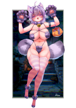 1girl alternate_costume animal_ear_fluff animal_ears animal_hands animal_print arms_up bare_shoulders bell bikini blush breasts breath cat_ears cat_tail claw_pose cleavage commentary condom condom_packet_strip condom_wrapper english_commentary full_body fur-trimmed_gloves fur_bikini fur_trim garter_straps gloves groin halloween halloween_bucket heavy_breathing highres hololive jingle_bell large_breasts looking_at_viewer neck_bell nekomata_okayu open_mouth paw_gloves swimsuit tail thighhighs uzda_ricecake virtual_youtuber