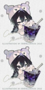 1girl absurdres animal_hood black_eyes black_hair cape chibi chibi_only cup drinking_glass english_text flower hair_between_eyes hair_intakes hat heterochromia highres holding hood ice ice_cube long_hair lumikos mini_person multiple_expressions multiple_views one_eye_closed open_mouth original purple_eyes sample_watermark simple_background variant_set watermark