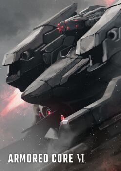 absurdres armored_core armored_core_vi:_fires_of_rubicon character_request commentary copyright_name glowing grey_background highres light_particles mecha mecha_focus no_humans pile_bunker robot science_fiction sensor shiromoca solo upper_body weapon