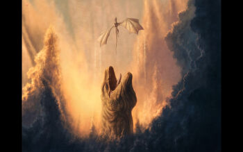 1boy a_song_of_ice_and_fire arrax black_border border chasing cloud commentary dragon riding_dragon dragon_tail dragon_wings english_commentary fantasy flying highres house_of_the_dragon imminent_death lucerys_velaryon open_mouth outdoors rui_goncalves_art sharp_teeth size_difference sky spread_wings tail teeth vhagar western_dragon wings