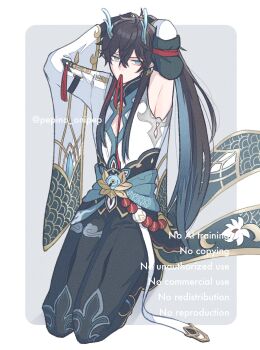 1boy aqua_eyes aqua_hair arms_behind_head asymmetrical_legwear black_hair black_pants chinese_clothes clothing_cutout dan_heng_(honkai:_star_rail) earrings english_text full_body highres honkai:_star_rail honkai_(series) jewelry long_hair long_sidelocks male_focus mouth_hold multicolored_hair pants pepino_onipep pointy_ears ponytail sidelocks solo two-tone_hair very_long_hair watermark