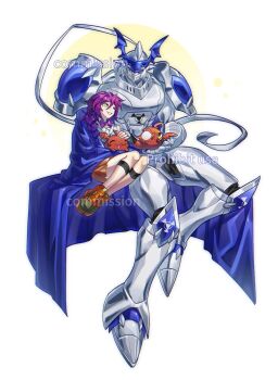 1girl armor bare_shoulders blue_cape braid brown_skirt cape chaosdukemon commentary confeito000_333 digimon digimon_(creature) english_commentary evolutionary_line full_body gigimon grey_armor grey_helmet helmet highres invisible_chair knight long_hair one_eye_closed purple_hair shoulder_armor side_braid sitting skirt yellow_eyes