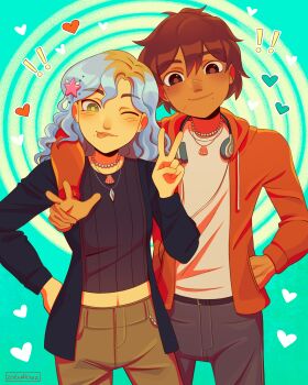 Rule 34 | !, !!, 1boy, 1girl, alternate costume, alternate eye color, alternate universe, arm on another's shoulder, artist name, black cardigan, black pants, black sweater, blue hair, breasts, brown eyes, brown hair, brown pants, cardigan, closed mouth, commentary, cris (omori), dark-skinned male, dark skin, double-parted bangs, ear piercing, english commentary, facial scar, grey eyes, hair between eyes, hair ornament, hand in pocket, heart, highres, hood, hood down, hooded jacket, jacket, jewelry, kel (faraway) (omori), kel (omori), long hair, long sleeves, multicolored hair, navel, necklace, omori, one eye closed, open cardigan, open clothes, orange jacket, pants, pearl necklace, piercing, ribbed sweater, roots (hair), scar, scar on cheek, scar on face, scar on nose, shell, shell necklace, shirt, small breasts, smile, star (symbol), star hair ornament, sweater, t-shirt, tongue, tongue out, v, wavy hair, white shirt, zoewillowz