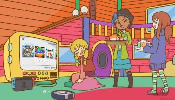 Rule 34 | 1-2-switch, 3girls, :o, a hat in time, basket, beamed eighth notes, belt, black boots, black hair, blonde facial hair, blonde hair, blue bow, blue eyes, blue hairband, blue skirt, boots, bow, bow hairband, bow kid, brown hair, capelet, collared shirt, commentary, commentary request, copyright name, cup, dark-skinned female, dark skin, door, dress, drink, drinking glass, english commentary, facial hair, green jacket, green shoes, green thighhighs, hair ornament, hairband, hat kid, holding, holding basket, holding plate, hood, hood down, hooded capelet, in-universe location, jacket, jitome, long hair, long sleeves, looking at another, looking to the side, missing headwear, mixed-language commentary, multiple girls, musical note, mustache, mustache girl, nintendo switch, official alternate costume, open mouth, oudon tue, pants, pink shorts, pink slippers, plate, ponytail, purple belt, purple eyes, purple pants, purple sweater, railing, red capelet, red dress, robotic vacuum cleaner, rumbi (a hat in time), shadow, shirt, shoes, short hair, shorts, sidelocks, sitting, skirt, slippers, smile, snack, snipperclips, standing, striped clothes, striped thighhighs, sweater, television, thighhighs, turtleneck, turtleneck sweater, white eyes, white shirt