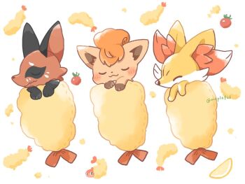 blush closed_eyes commentary_request fang fennekin food fox fruit gen_1_pokemon gen_6_pokemon gen_8_pokemon kana_(maple926) nickit nintendo no_humans orange_(fruit) pokemon pokemon_(creature) pokemon_focus shrimp simple_background sleeping sleeping_bag smile tatsugiri tatsugiri_(curly) tomato twitter_username vulpix white_background