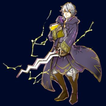 Rule 34 | 1boy, book, boots, brown boots, brown eyes, closed mouth, commentary, electricity, fire emblem, fire emblem awakening, full body, gold trim, highres, holding, holding book, holding sword, holding weapon, hood, hood down, hooded robe, levin sword, long sleeves, male focus, male robin (fire emblem), nintendo, pants, purple background, robe, short hair, simple background, smile, solo, sword, weapon, white hair, white pants, yuya (euky8335)