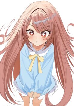 1girl alternate_costume blue_shirt brown_hair child commentary dodo1792295 dot_nose english_commentary goddess_of_victory:_nikke highres light_blush long_hair long_sleeves looking_at_viewer only_one_(nikke) red_eyes ribbon shirt skirt solo star-shaped_pupils star_(symbol) symbol-shaped_pupils very_long_hair white_background white_skirt yellow_ribbon