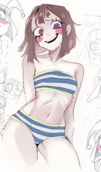 1girl :d ai-generated ai-generated_art_(topic) arms_behind_back bare_legs bare_shoulders bikini blue_bikini blue_eyes bob_cut brown_hair center-flap_bangs circle_facial_mark colored_skin commentary cropped_legs double-parted_bangs embarrassed english_commentary flat_chest from_below hatching_(texture) humanization inverted_bob lapis_slopzuli looking_at_viewer multicolored_bikini multicolored_eyes navel official_alternate_costume open_mouth pomni_(the_amazing_digital_circus) raised_inner_eyebrows red_eyes shirt simple_background smile solo stomach strapless strapless_bikini striped_bikini striped_clothes sweat swimsuit teeth the_amazing_digital_circus two-tone_bikini two-tone_eyes upper_teeth_only white_background white_bikini white_skin yellow_trim