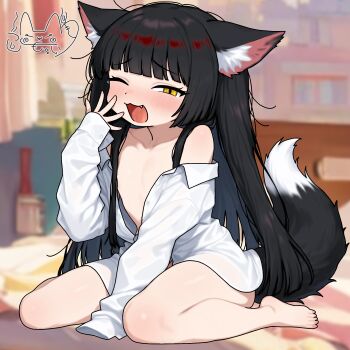 1boy animal_ears bare_shoulders barefoot between_legs black_hair blush fang fox_boy fox_ears fox_tail full_body hand_between_legs highres indie_virtual_youtuber itsuki_tsukumo_(artist) itsuki_tsukumo_(vtuber) loli long_hair long_sleeves looking_at_viewer messy_hair naked_shirt off_shoulder one_eye_closed open_mouth shirt sidelocks sitting sleepy sleeves_past_fingers sleeves_past_wrists tail tears trap virtual_youtuber wariza white_shirt yawning yellow_eyes