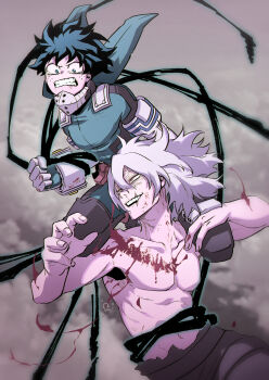 2boys absurdres angry anime_coloring aranciojelyfish artist_logo bare_arms bare_shoulders battle black_pants black_whip_(boku_no_hero_academia) bleeding blood blood_on_cheek blood_on_chest blood_on_face blood_on_gloves blood_trail blue_bodysuit blue_eyes blue_gloves blue_hair blurry blurry_background bodysuit boku_no_hero_academia chromatic_aberration clenched_hand clenched_teeth collarbone duel fingernails floating_hair freckles furrowed_brow gloves grey_gloves grey_hair hand_on_another's_knee hands_up highres hole_in_hand logo long_bangs looking_down looking_to_the_side looking_up male_focus medium_hair messy_hair midair midoriya_izuku mole mole_under_mouth multiple_boys multiple_scars navel no_nipples open_mouth outdoors pants pectorals pouch prosthetic_fingers red_eyes sanpaku scar scar_across_eye scar_on_face scar_on_mouth scratches shigaraki_tomura short_hair sidelocks smile smoke spoilers stigmata tearing_up tears teeth tendril topless_male turning_head upper_body upper_teeth_only upturned_eyes v-shaped_eyebrows wrinkled_skin