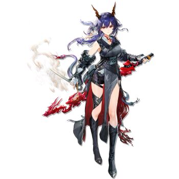 Rule 34 | 1girl, arknights, asymmetrical legwear, belt, belt pouch, black belt, black boots, black coat, black shorts, black sleeves, blue belt, blue hair, blue tail, boots, breasts, ch'en (arknights), ch'en the dawnstreak (arknights), chest harness, chi xiao (arknights), closed mouth, coat, detached sleeves, dragon girl, dragon horns, dragon tail, dual wielding, eastern dragon horns, eastern dragon tail, elbow gloves, fingerless gloves, full body, gloves, harness, high heel boots, high heels, highres, holding, holding sword, holding weapon, horns, leg belt, looking at viewer, medium breasts, multicolored coat, official art, pelvic curtain, ponytail, pouch, red coat, red eyes, sheath, sheathed, shorts, simple background, sleeveless, sleeveless coat, solo, standing, sword, tachi-e, tail, third-party source, transparent background, two-tone coat, underbust, v-shaped eyebrows, weapon, white gloves, yyb