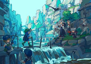 6+girls animal_ears backpack bag bare_shoulders bird blue_eyes blue_gloves blue_hair blue_hat blue_shirt boots commentary_request detached_sleeves doggo_1d34 feathered_wings geta gloves green_boots green_hair green_hat grey_hair grey_wings hair_bobbles hair_ornament hat highres house inubashiri_momiji kappa_mob_(touhou) kawashiro_nitori multiple_girls open_mouth outdoors pom_pom_(clothes) red_eyes riding riding_animal shirt short_hair skirt tail tengu-geta tokin_hat touhou two_side_up village water waving wings wolf wolf_ears wolf_tail wolf_tengu_extra_(touhou)