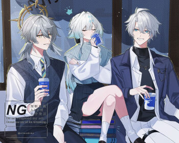 Rule 34 | 1girl, 2boys, antenna hair, black bow, black pants, black shoes, black skirt, black sweater, black sweater vest, blue eyes, blue hair, blue jacket, blue sweater vest, book, book stack, bow, braid, cerydra (honkai: star rail), closed eyes, collared shirt, covered mouth, crossed bangs, crossed legs, crown (symbol), cup, disposable coffee cup, disposable cup, drinking, earrings, feathered wings, fingernails, gold earrings, gold necklace, gradient hair, green necktie, grey hair, hair bow, halo, halo behind head, hand up, head wings, highres, holding, holding cup, honkai: star rail, honkai (series), indoors, jacket, jewelry, lapels, long hair, long sleeves, looking at another, low ponytail, multicolored hair, multiple boys, necklace, necktie, notice lines, official alternate costume, open clothes, open jacket, open shirt, pants, phainon (honkai: star rail), phainon (luckin coffee) (honkai: star rail), pleated skirt, ponytail, puffy long sleeves, puffy sleeves, shadow, shirt, shoes, short hair, sidelocks, sitting, skirt, sltandrmn, smile, socks, steam, striped clothes, striped necktie, sunday (brilliant youth) (honkai: star rail), sunday (honkai: star rail), sweater, sweater vest, teeth, thigh strap, turtleneck, turtleneck sweater, watermark, white hair, white pants, white shirt, white socks, wings, yellow eyes, yellow pupils