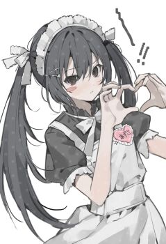 ! !! 1girl alternate_costume apron black_dress black_hair blush_stickers brown_eyes cowboy_shot dress enmaided furrowed_brow hair_ornament hair_ribbon hairclip hamchigi hands_up heart heart_hands highres k-on! light_blush looking_at_viewer maid maid_apron maid_headdress moe_moe_kyun! nakano_azusa neck_ribbon puffy_short_sleeves puffy_sleeves ribbon short_sleeves sidelocks simple_background solo twintails white_apron white_background white_ribbon