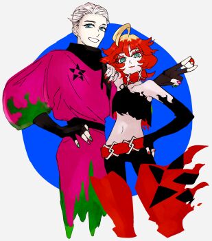 Rule 34 | 1boy, 1girl, atticus (pokemon), belt, black gloves, black scarf, blonde hair, blue eyes, boots, closed mouth, commentary request, doaaaaaaaaaa, fingerless gloves, freckles, gloves, green eyes, green nails, hand on another's shoulder, hand on own hip, highres, holding, holding poke ball, jewelry, lips, mela (pokemon), midriff, multicolored hair, multiple rings, nail polish, navel, nintendo, no mask, pink nails, poke ball, poke ball (basic), pokemon, pokemon sv, red belt, red boots, red hair, red nails, ring, scarf, short hair, smile, team star, teeth, two-tone hair, white hair