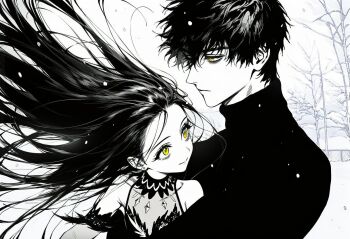 1boy 1girl black_coat black_dress black_hair black_shirt child coat dress figure_skating figure_skating_dress gold_medal hashtag-only_commentary kamisaki_hikaru male_focus medalist_(manga) shirt whitia100 yellow_eyes yodaka_jun