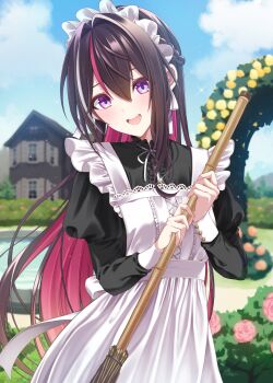 1girl :d absurdres alternate_costume apron asymmetrical_sidelocks azki_(hololive) black_dress black_hair blue_sky blurry blurry_background braid broom cloud colored_inner_hair commentary_request day double-parted_bangs dress frilled_apron frills garden hair_between_eyes hair_intakes half_up_braid highres holding holding_broom hololive juliet_sleeves long_hair long_sleeves looking_at_viewer maid maid_apron maid_headdress mamdtsubu mole mole_under_eye multicolored_hair open_mouth outdoors pink_hair pink_streaks puffy_sleeves purple_eyes sidelocks sky sleeve_cuffs smile solo upper_body very_long_hair virtual_youtuber white_apron white_streaks