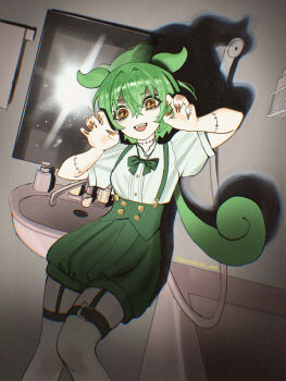 1girl absurdres arms_up bathroom camera_flash character_request check_character claw_pose collar collared_shirt commentary_request cosplay fang feet_out_of_frame fingernails frankenstein&#039;s_monster frankenstein&#039;s_monster_(cosplay) garter_straps green_hair green_ribbon green_shorts green_suspenders hair_between_eyes highres indoors kazami_yuuka long_fingernails looking_at_viewer mirror nail_polish open_mouth ribbon shadow shirt short_hair short_shorts short_sleeves shorts solo teeth thighhighs tomodach1666 touhou twitter_username upper_teeth_only vocaloid white_collar white_shirt white_thighhighs yellow_eyes yellow_nails zundamon zundamon_(cosplay)