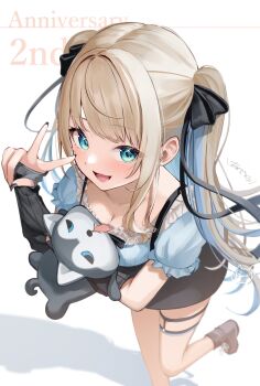 1girl :d absurdres anniversary arm_support black_arm_warmers black_bow black_nails black_skirt black_suspenders blue_eyes blue_hair blue_shirt blush bow breasts cleavage collarbone colored_inner_hair frilled_shirt frills grey_hair hair_bow highres holding holding_stuffed_toy horo_27 itoi_toi_(2nd_costume) itoi_toi_(neo-porte) jirai_kei long_hair looking_at_viewer medium_breasts multicolored_hair neo-porte open_mouth puffy_sleeves ribbed_sleeves shadow shirt short_sleeves simple_background skirt smile solo sparkling_eyes standing standing_on_one_leg stuffed_animal stuffed_dog stuffed_toy suspenders thigh_strap twintails v virtual_youtuber white_background