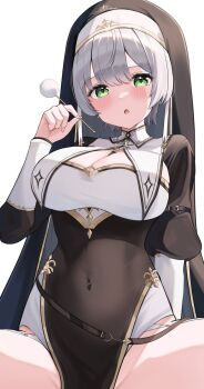 1girl arm_strap blush breasts cleavage covered_navel green_eyes hololive large_breasts looking_at_viewer masamune-tan mimikaki nun shirogane_noel shirogane_noel_(battle_nun) short_hair simple_background spread_legs strap thighs virtual_youtuber white_background white_hair